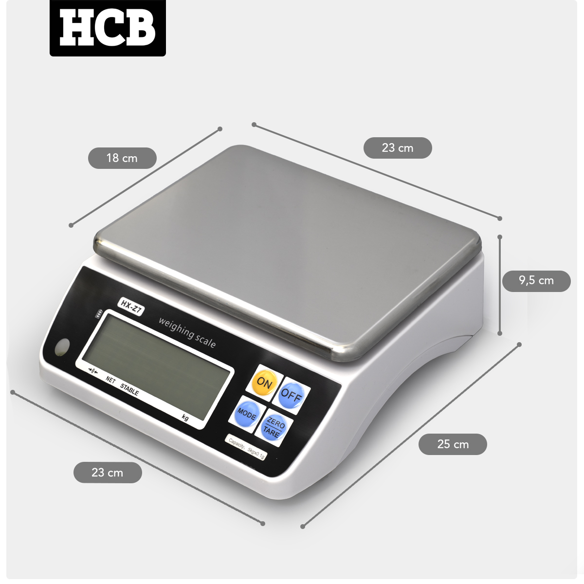 HCB Digitale Küchenwaage – max. 5 kg – Wiegefläche 23 x 18 cm – wiederaufladbar