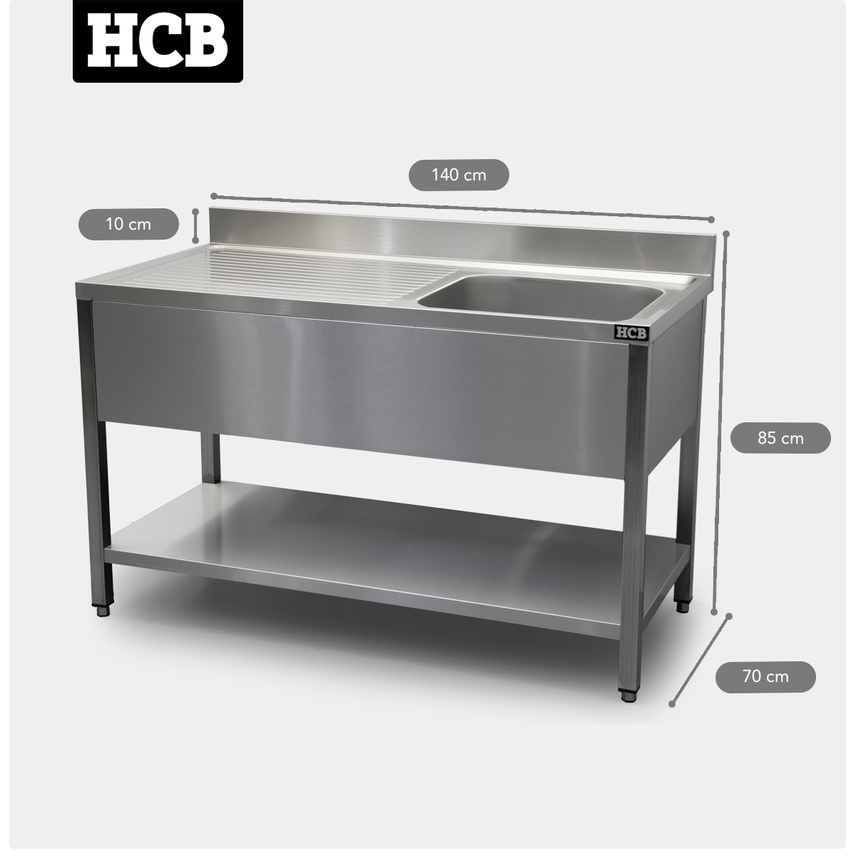 HCB Spültisch - Einzelbecken rechts - 140 cm - Edelstahl