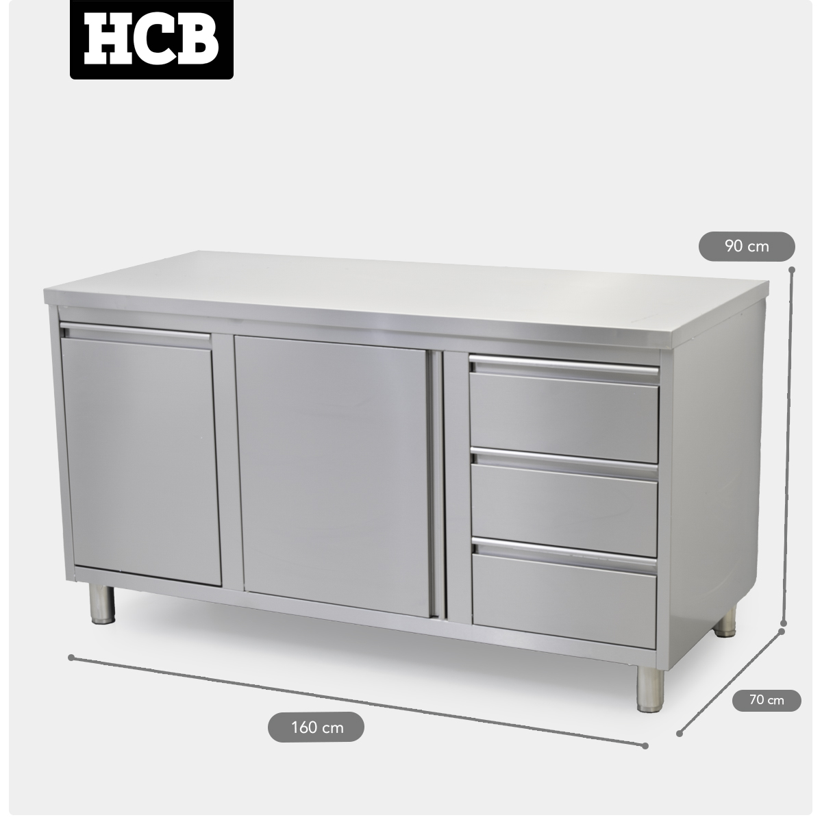 HCB Arbeitsschrank - Flügeltür - 3 Schubladen - Abfallbehälter - 160 cm - Edelstahl