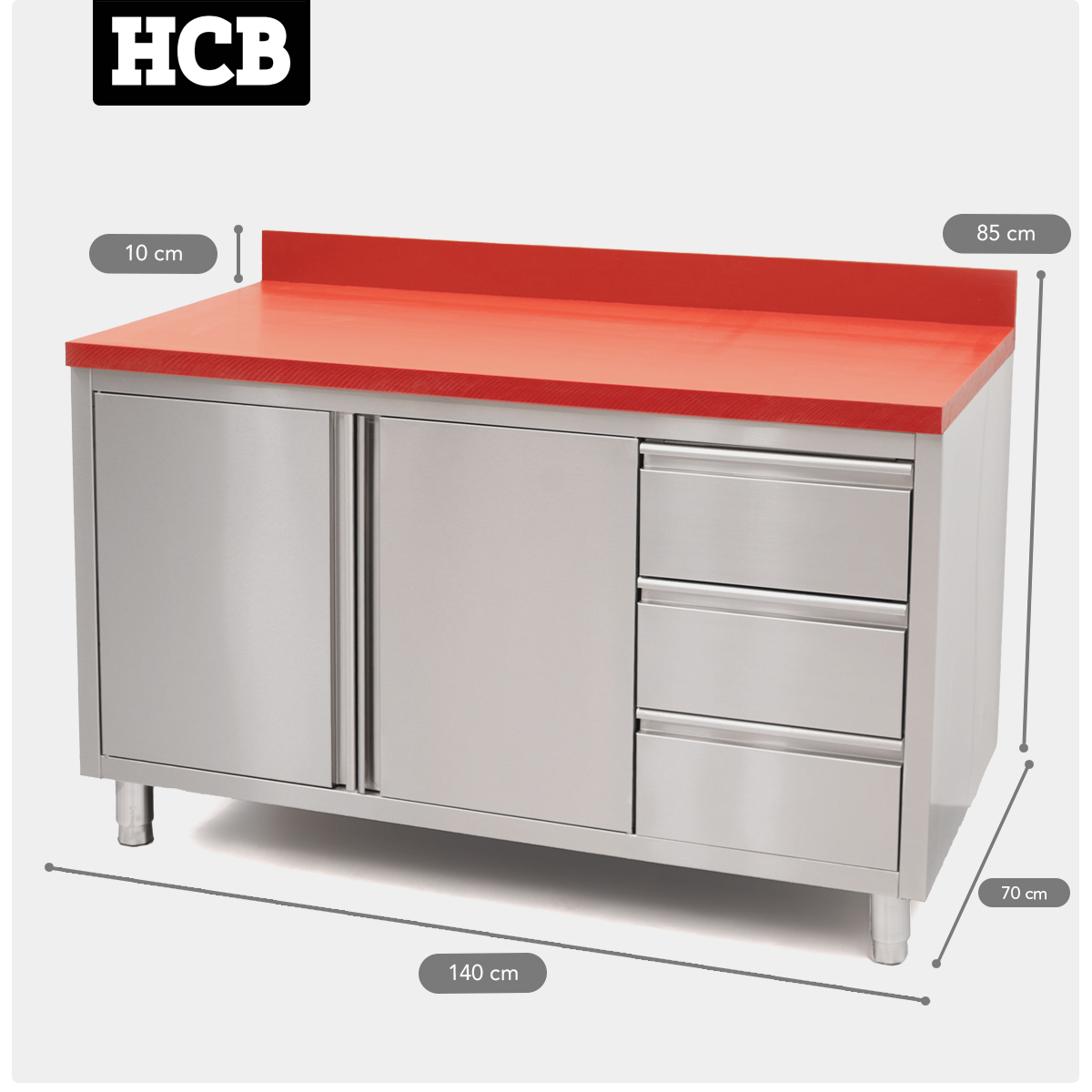 HCB Arbeitsschrank - Schneidetisch - Flügeltüren - Schubladen - 140 cm - Edelstahl - Polyethylen