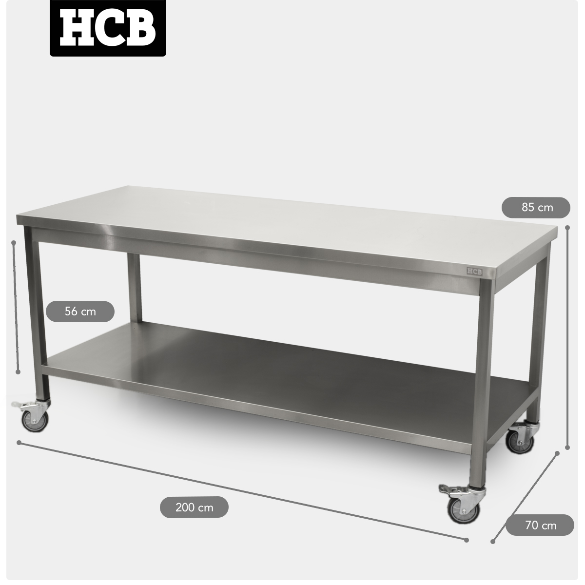HCB Basic-line Arbeitstisch - mit Unterregal - 180 x 70 x 85 cm - mobil - Edelstahl
